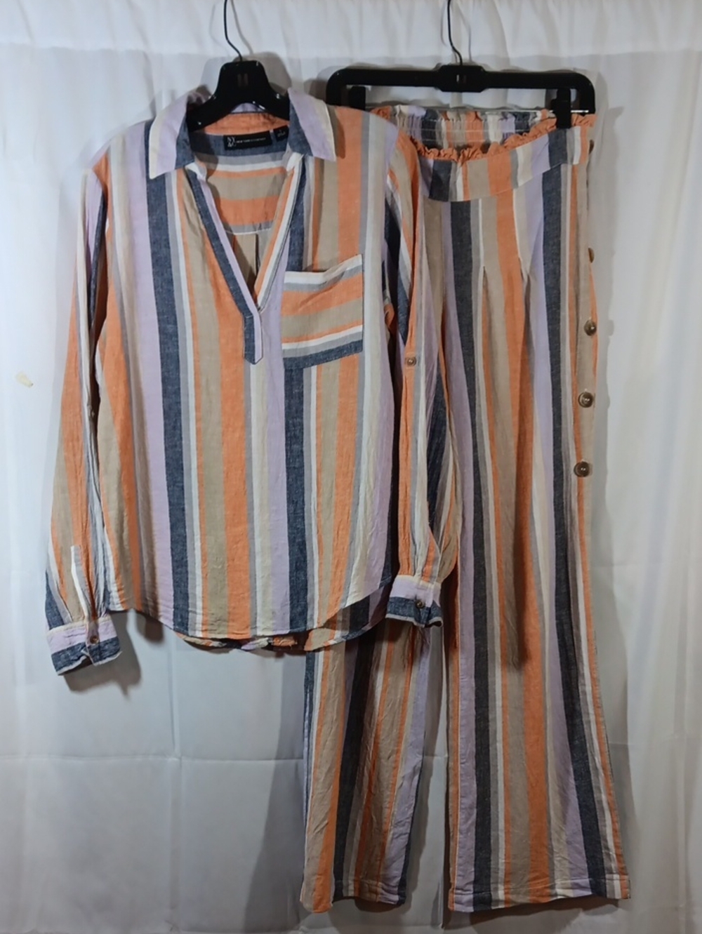 New York & Company Womans Small Linen Blend Set Striped Shirt Wide Leg Pants
